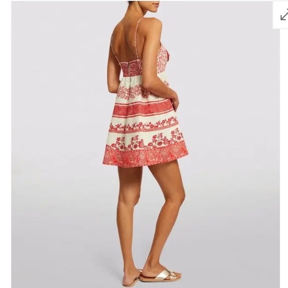 Alice + Olivia Linen Melvina Mini Dress Tie Front Block Print Red Antique White - Picture 7 of 16